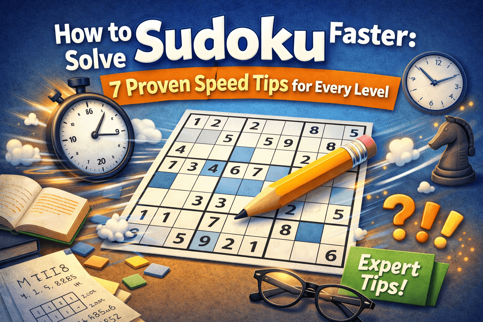 Sudoku grid with a stopwatch illustrating speed-solving techniques